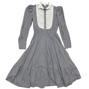 Vintage 80's Size M Western Dress Cottage Button Front Prairie Midi Collared Bib